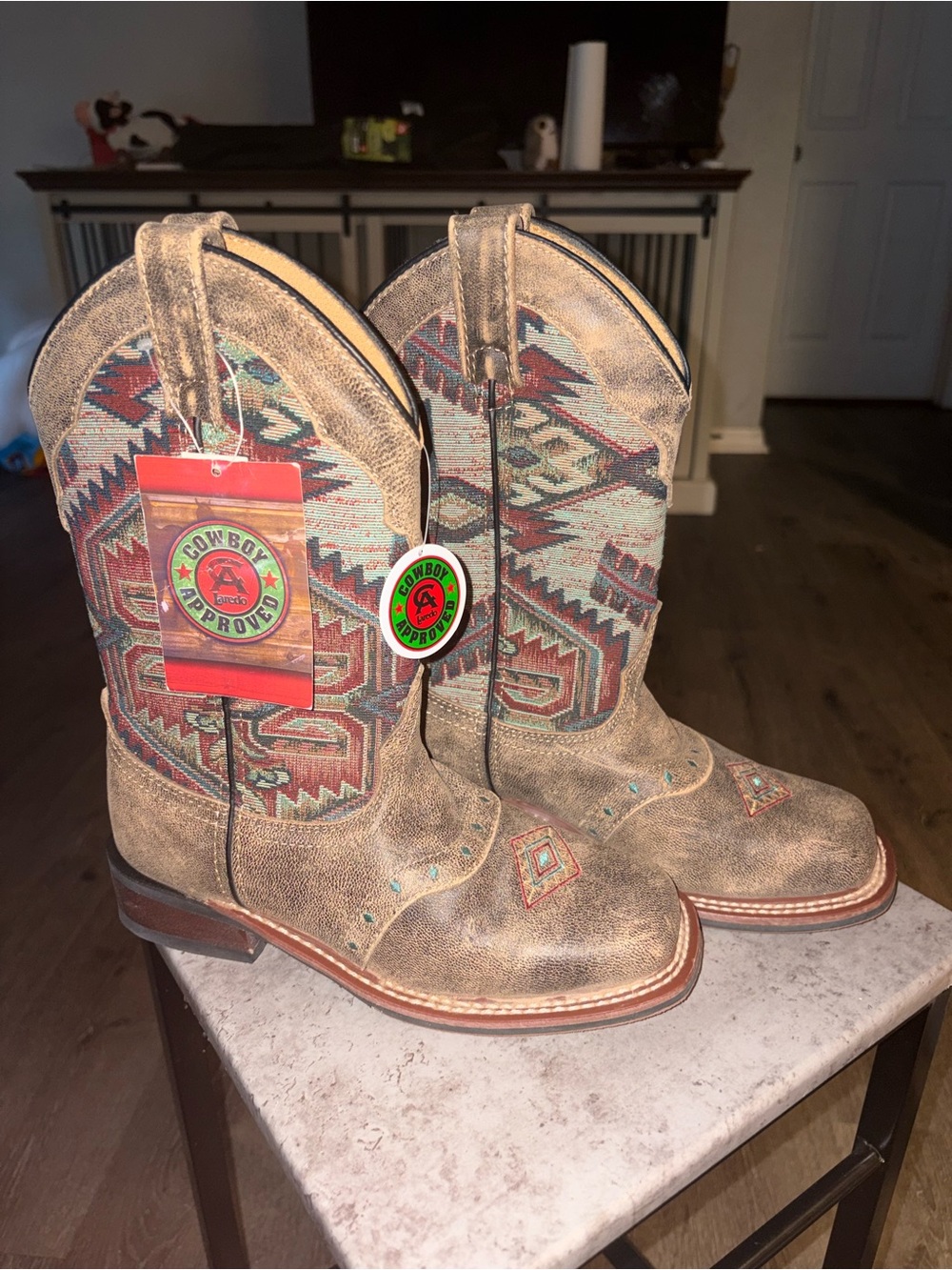 Laredo Women's Scout Western Boots Aztec Square Toe Brown Leather NWT Size 8.5